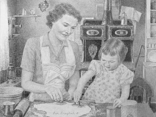 Artwork by Don Greytak. A women and child cutting out cookies in a kitchen.